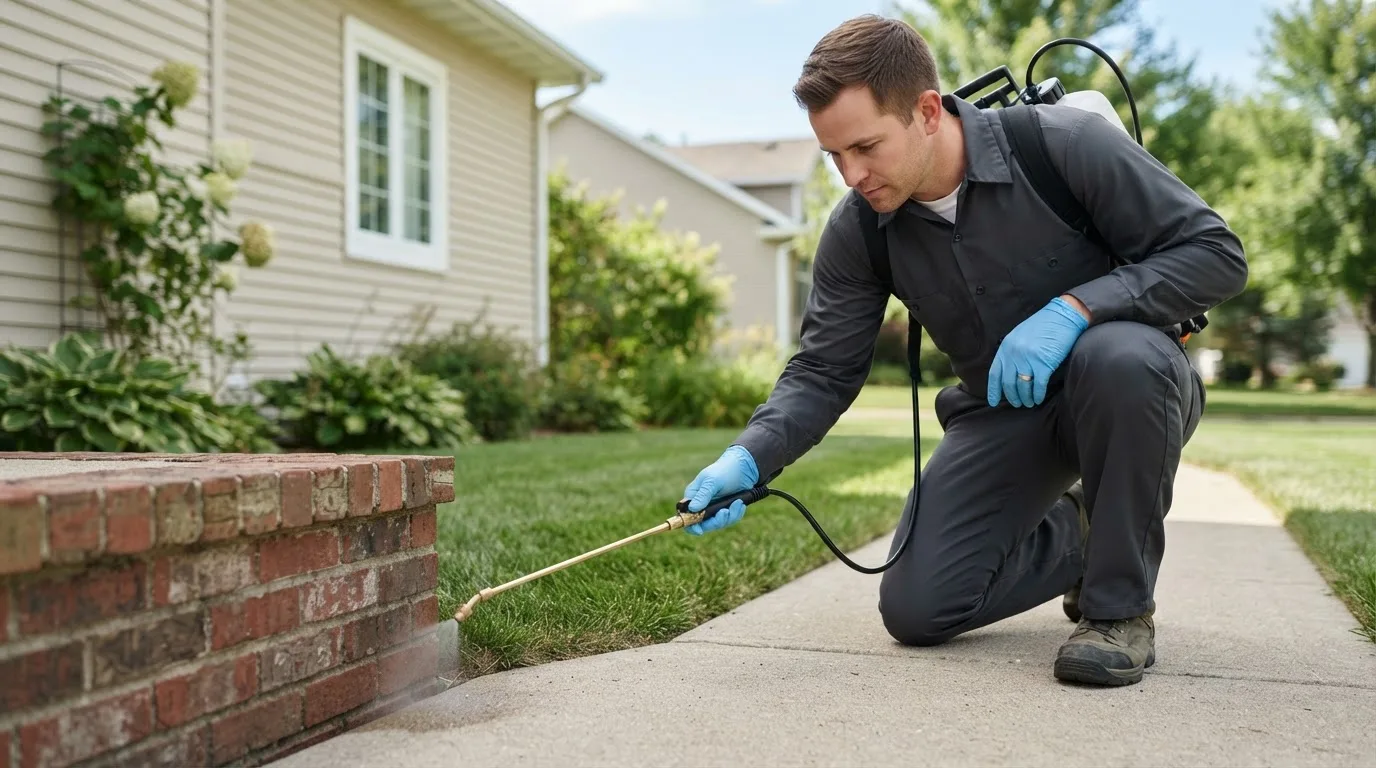 Pest control technician treating a home near Tranquillity, CA